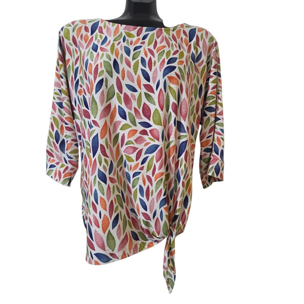 Ali Miles Colorful Leaf Print Tie Front Blouse S Multicolor Stretch Artsy A17.1